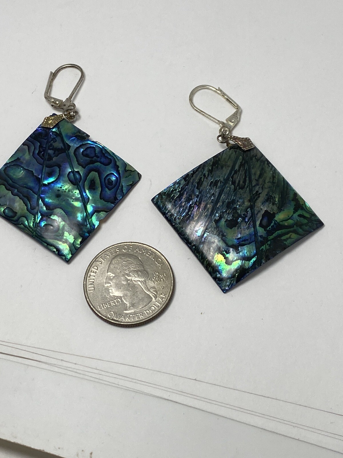 Vintage Large Iridescent Blue Green Abalone Shell Paua Square Dangle Earrings