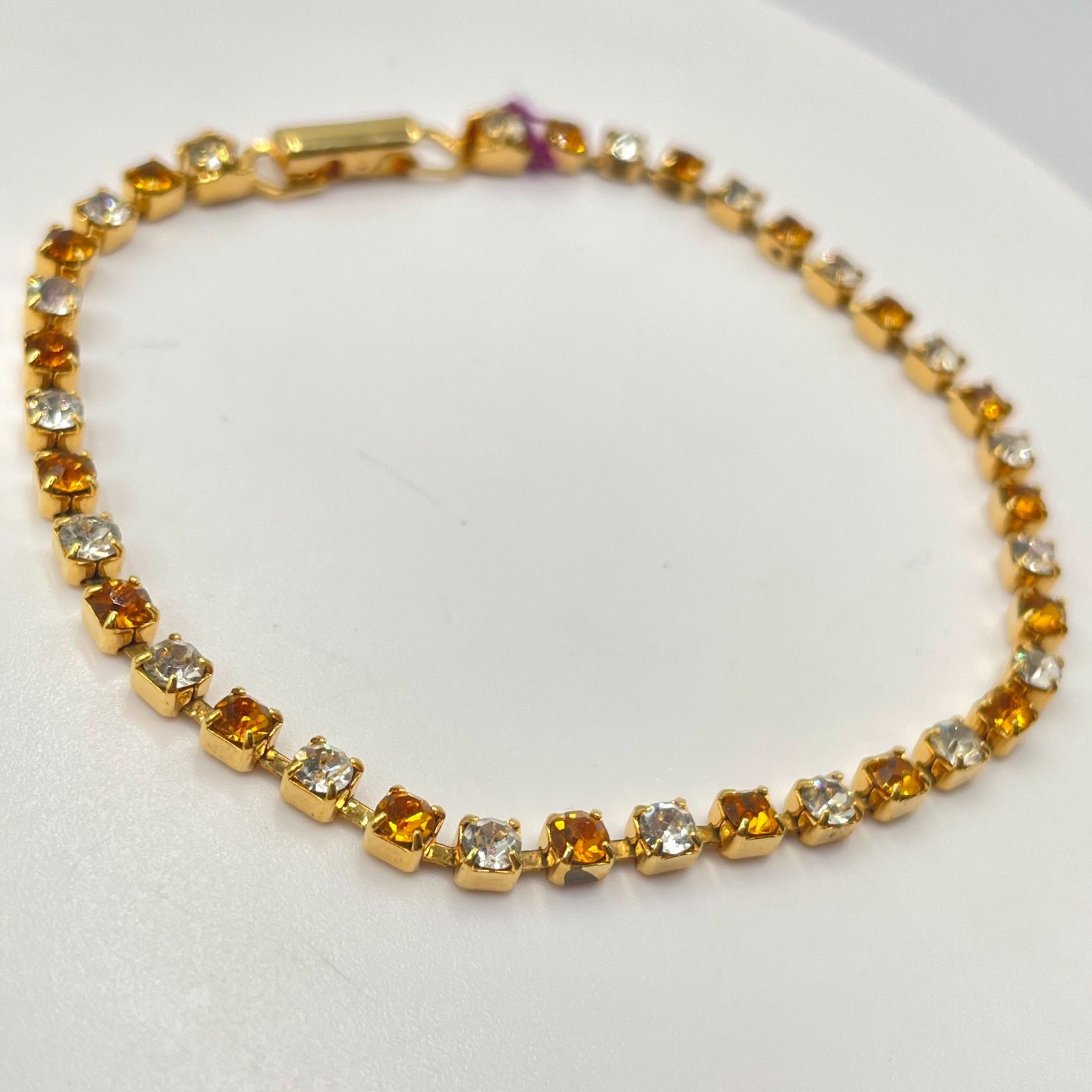 Vintage Y2K Gold Tone Amber Topaz Clear Rhinestone Alternating Tennis Bracelet