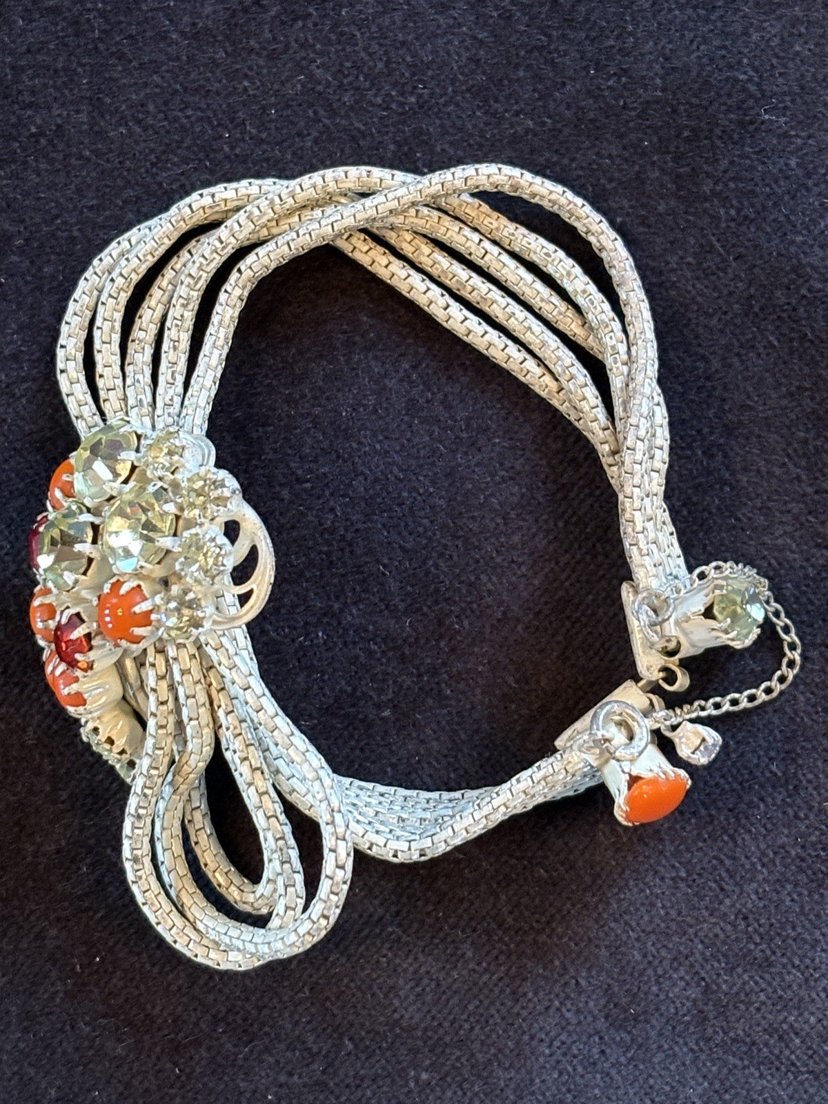 Vintage Original by Robert Orange & Yellow Rhinestone Chain Bracelet Signed