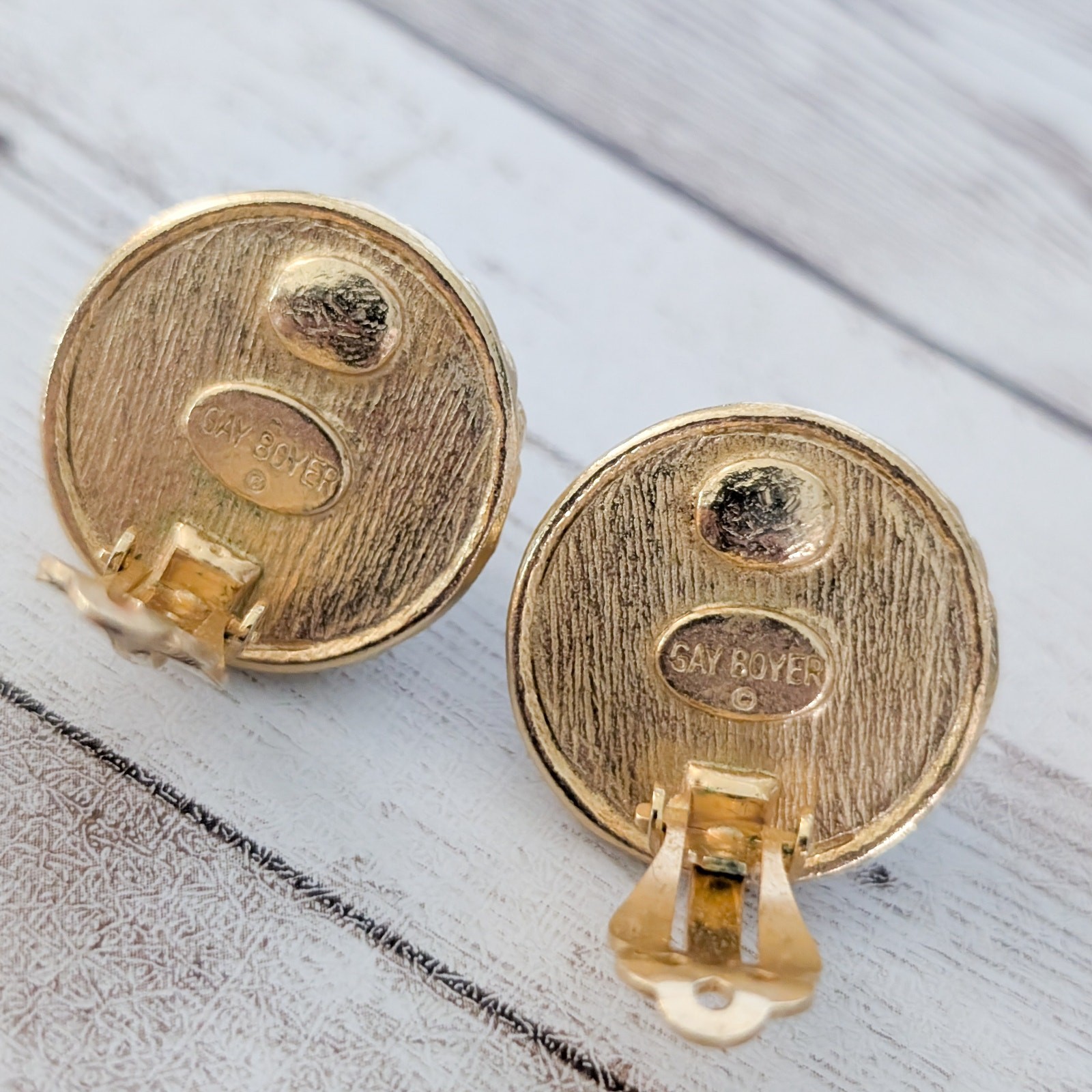 Vintage Gay Boyer Clip On Earrings Faux Pearl with Gold Tone Halo