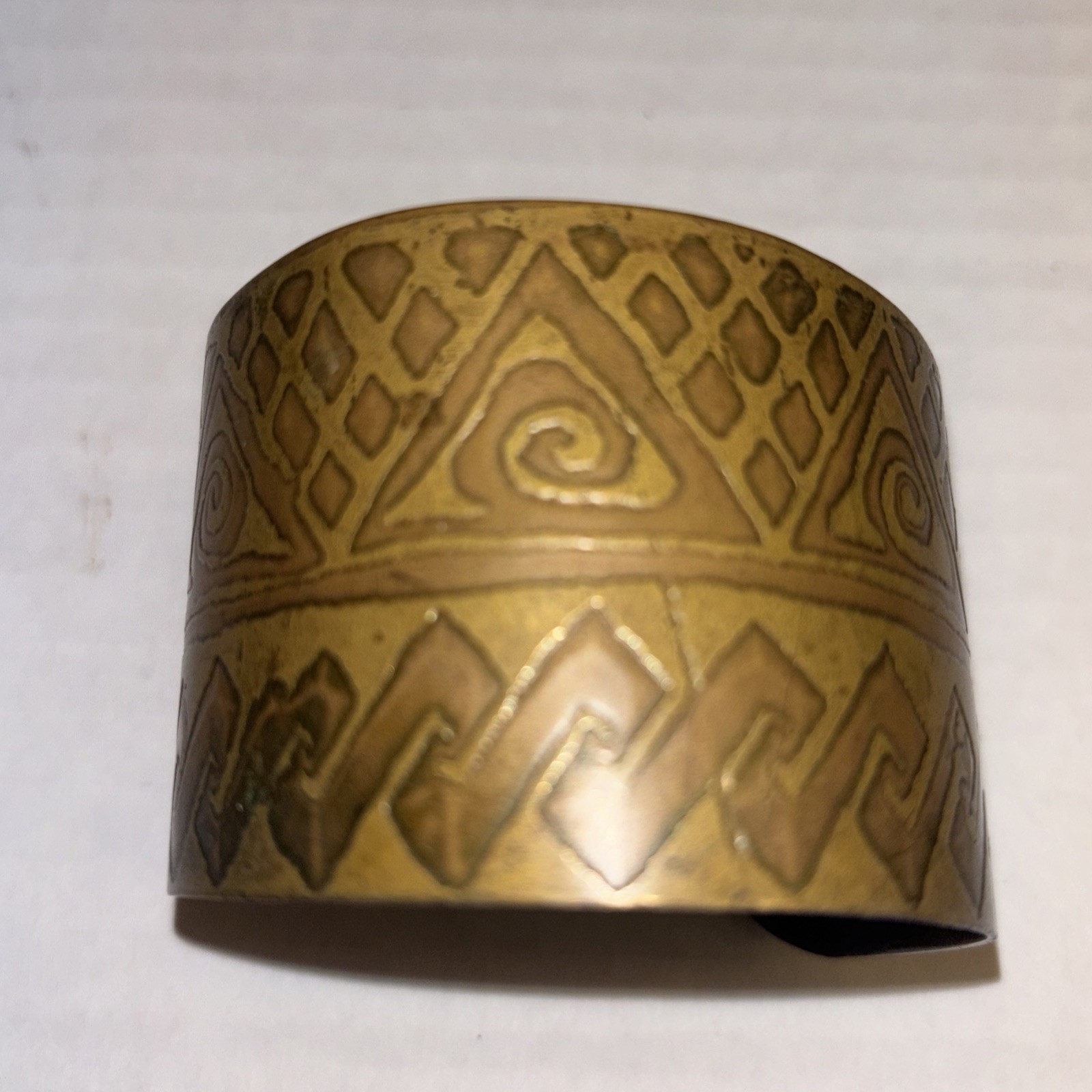 Vintage Tribal Etched Brass Brutalist Wide Cuff Bracelet Boho Statement Bangle