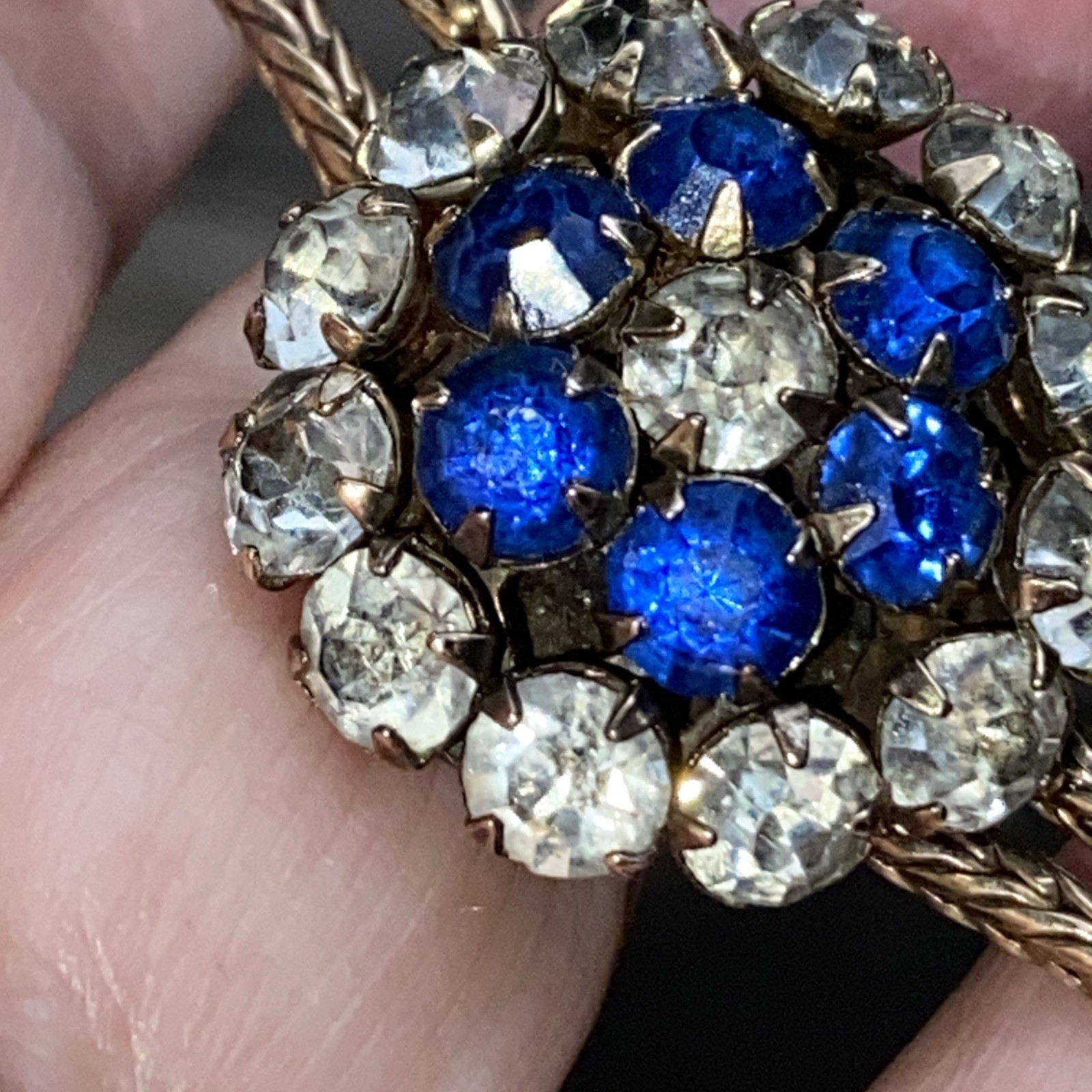 ANTIQUE VINTAGE SAPPHIRE CLEAR PASTE STONES BOLO FIX TAIL CHAIN NECKLACE 19 3/4”