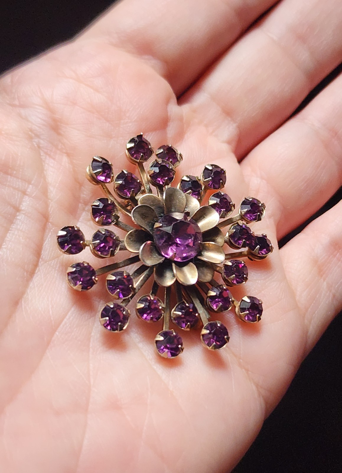 Vintage MCM Purple Rhinestone Floral Cluster Starburst Brooch