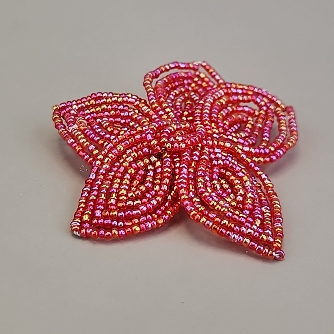 Vintage Seed Bead Flower Brooch AB Red Wired Glass 2.75″
