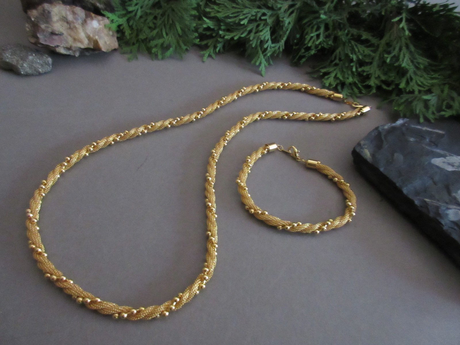 Vintage Gold Tone Twisted Mesh Rope Beaded Necklace & Bracelet Set
