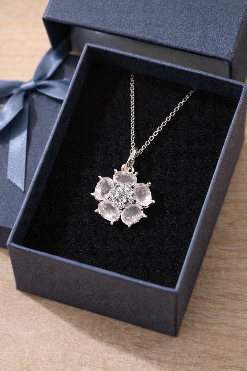Silver Tone Floral Pendant Necklace Pink Stone Cluster Vintage Style