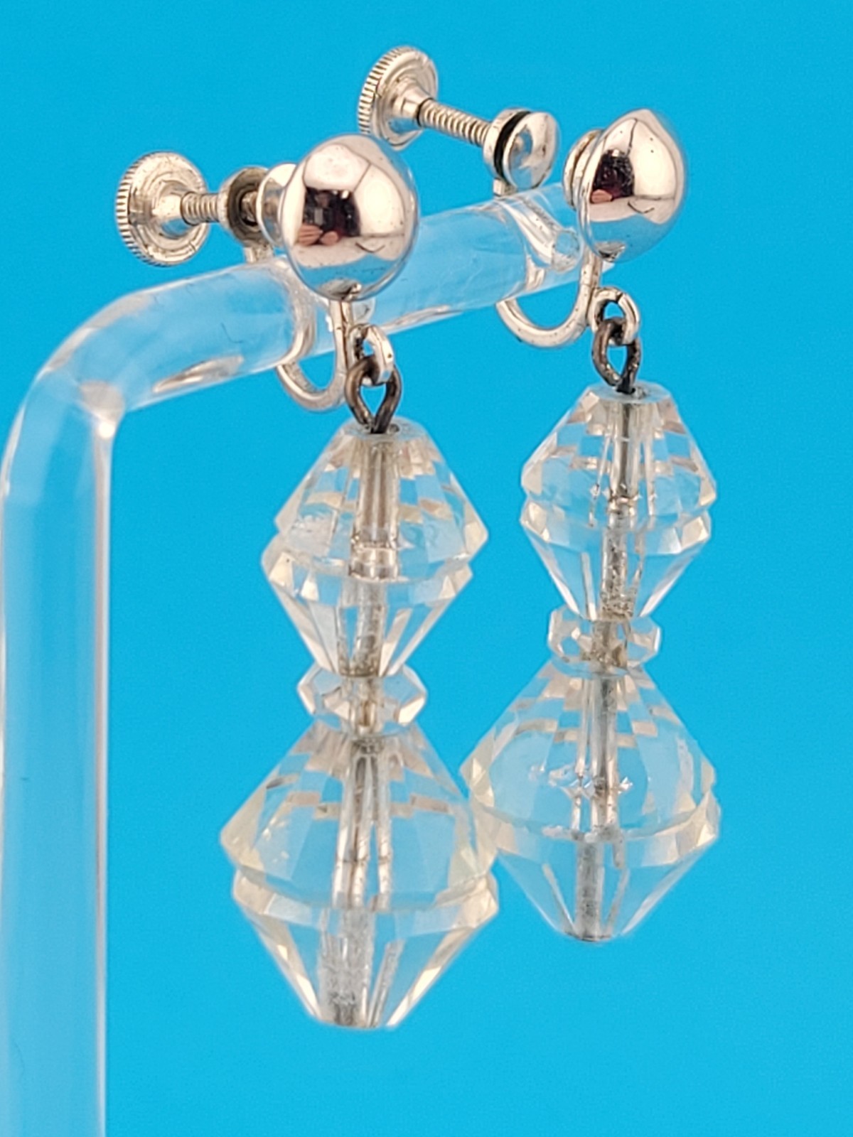 Signed BB Faceted Rock Quartz Crystal Bead Sterling Silver Chandelier Earrings
