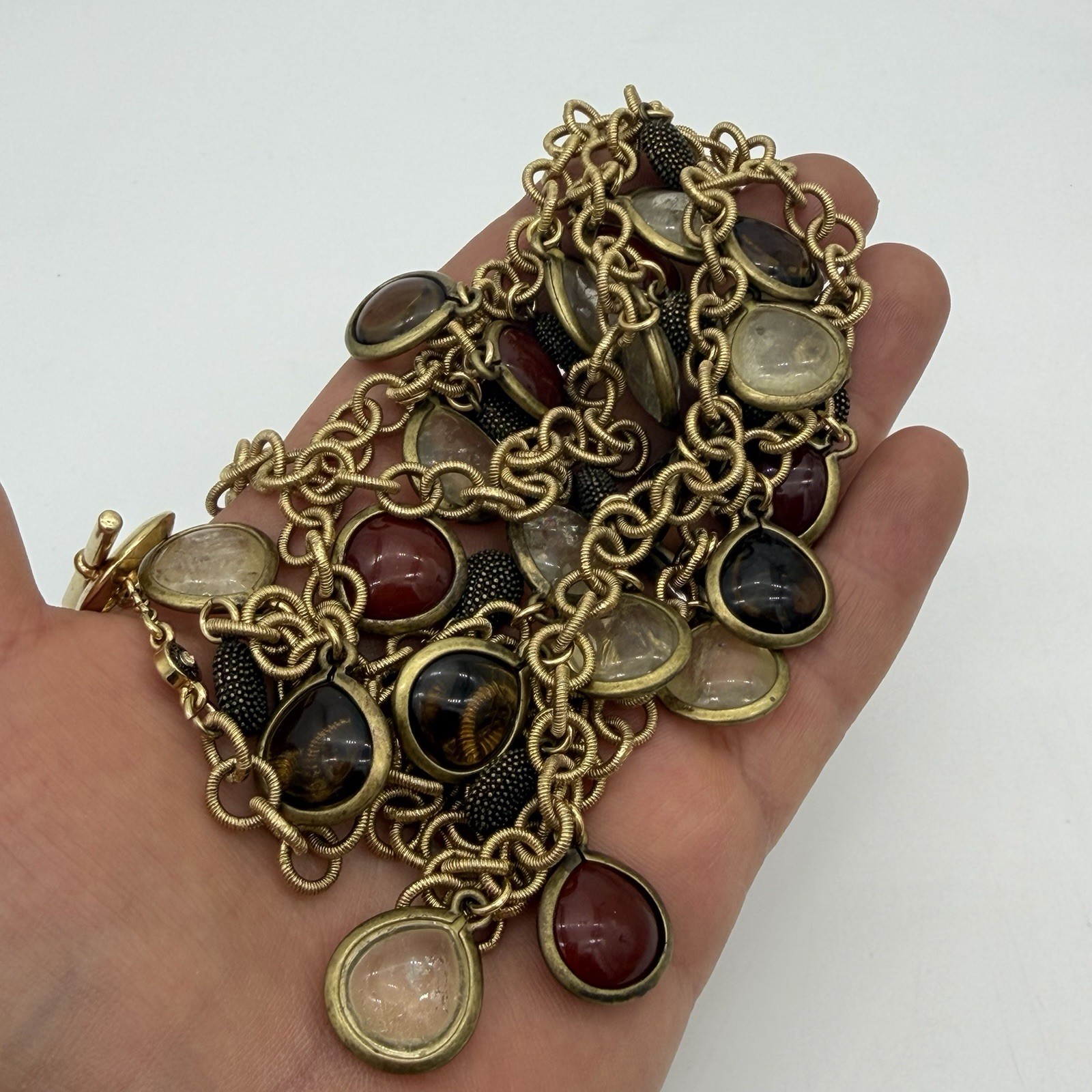 Vtg Monet Caged Glass Necklace Grpoix Style Cabochons Charm Dangle Long