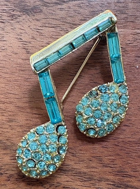 Vintage Blue Baguette Rhinestone Musical Half-Notes Pin / Brooch