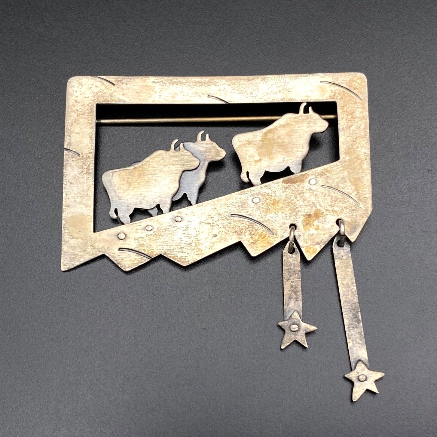 Vintage Modernist Ruth Susan Mahlstedt Cow Stars Sterling Silver Pin Brooch