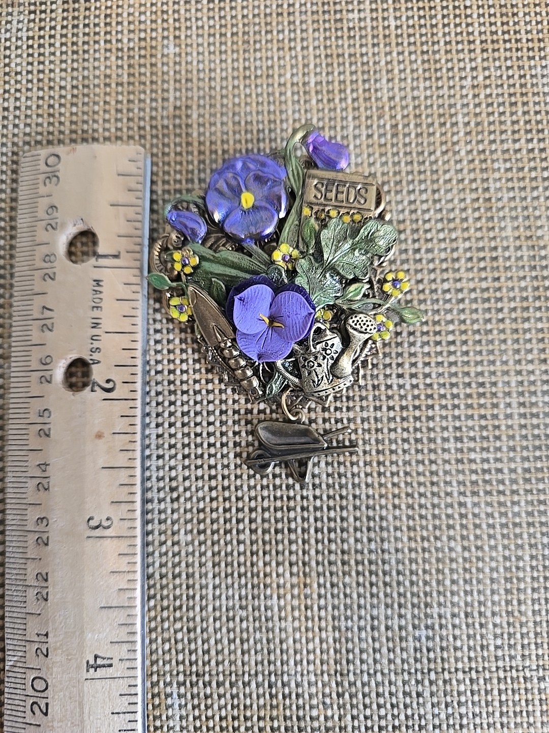 Vintage Montage Designs Handcrafted Brooch Pin Purple Flowers Seeds Garden USA.