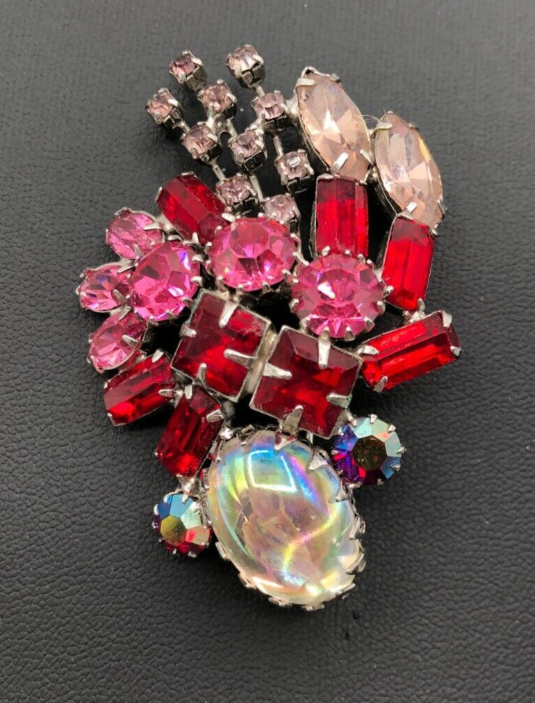 VTG Pink & Red Rhinestones Brooch Pin Iridescent Cabochon MCM 1950s Estate