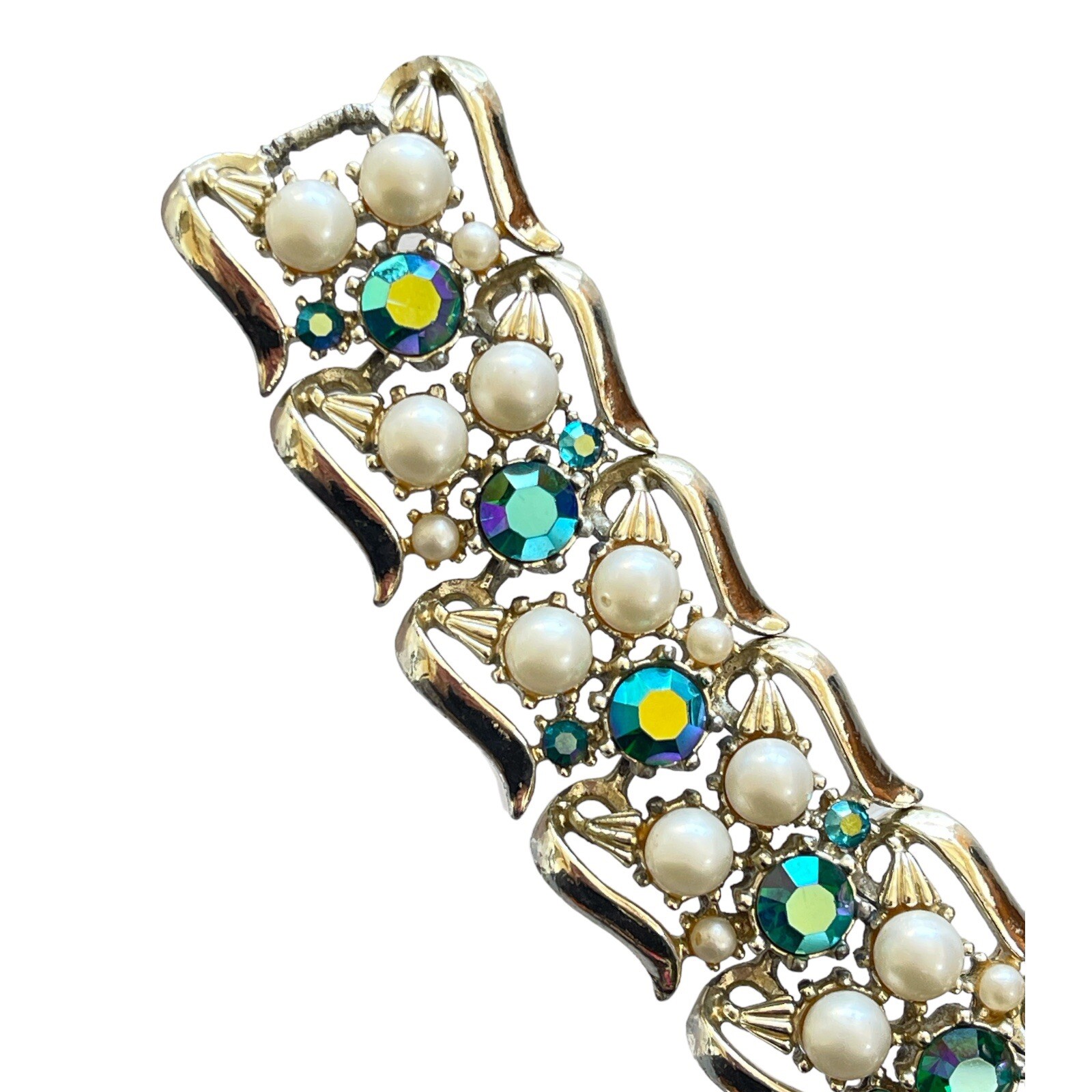 Vintage Jewelcraft Rhinestones & Faux Pearls Bracelet Dark Green AB