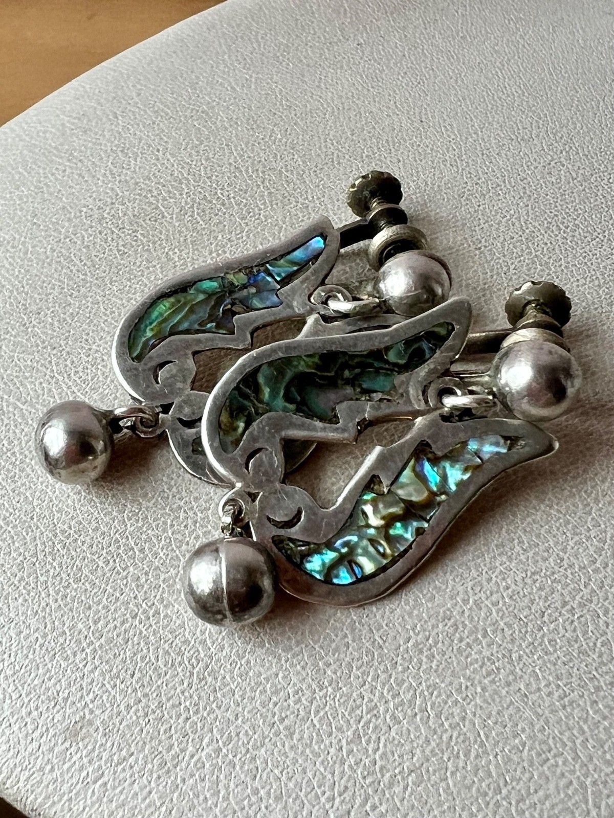 VINTAGE TAXCO MEXICO TULIP DESIGN ABALONE SCREW BACK EARRINGS 925 STERLING SLVER