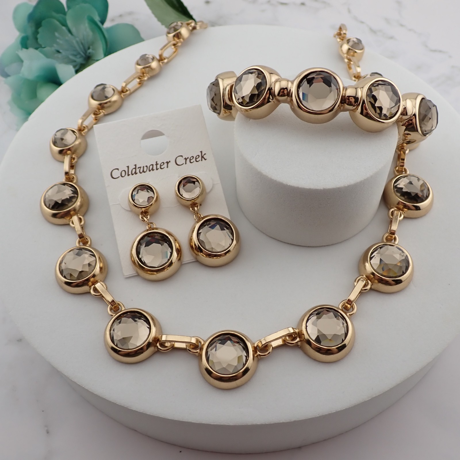 Vintage Coldwater Creek Brulee Smoky Gray Necklace Bracelet Pierced Earring Set