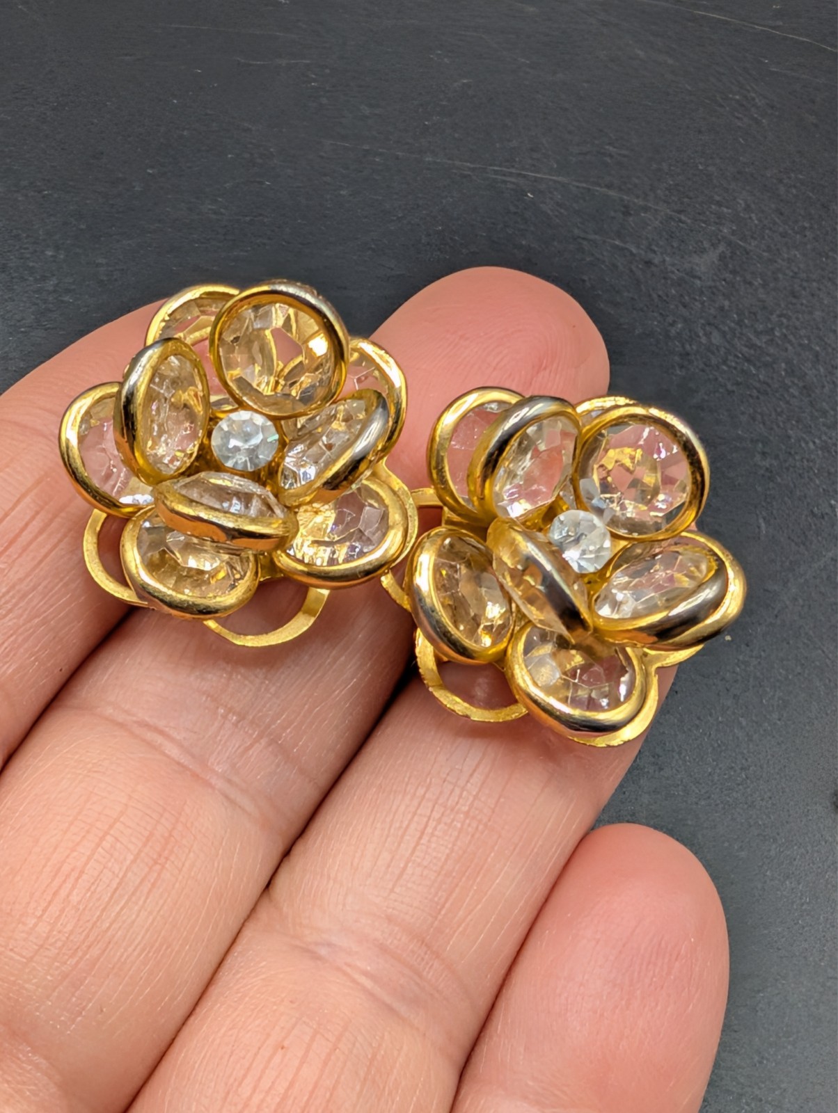 2 Pairs of Vintage Crystal Floral Cluster Gold Tone Earrings