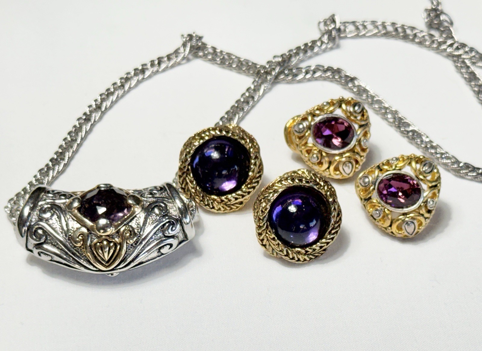 Purple Gold Tone Silver Tone Metal Necklace Chain Earrings Set Y2K Renaissance