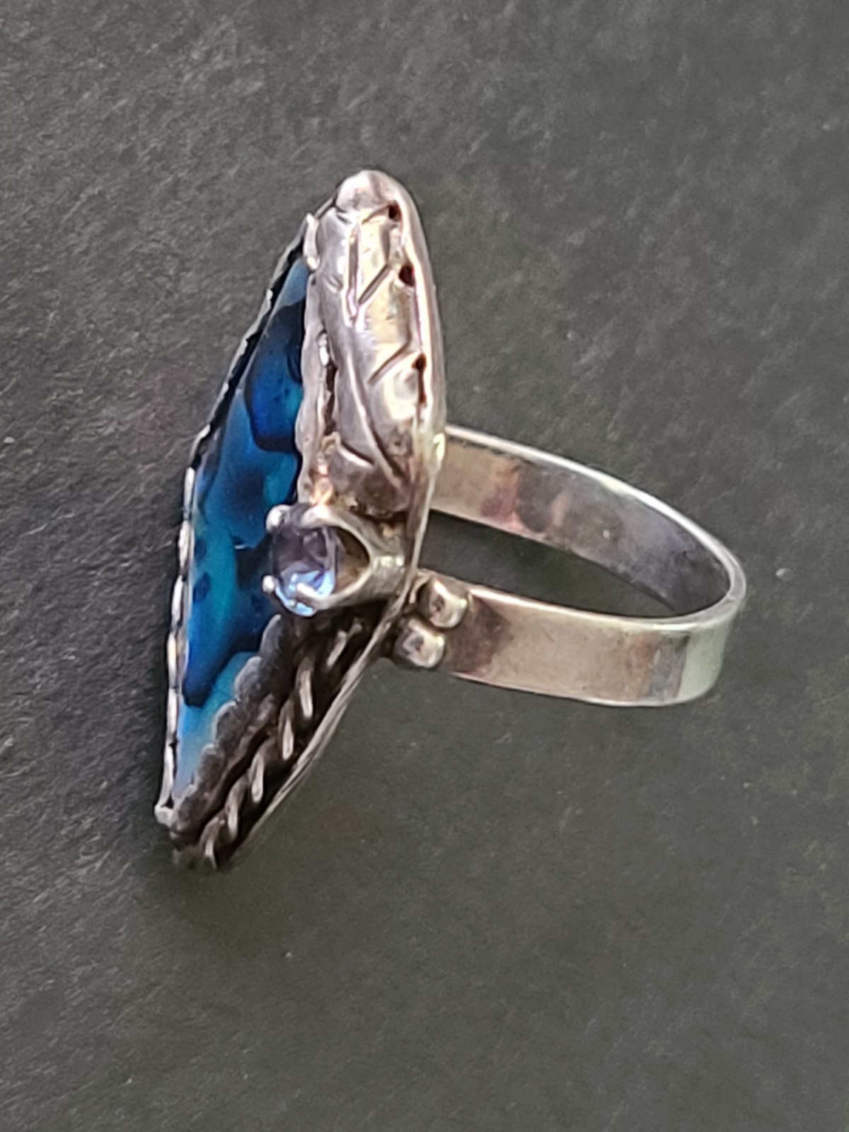 Vintage Paua Shell & Sterling Silver Ring Size 7 Leaf & Blue Rhinestone Accents