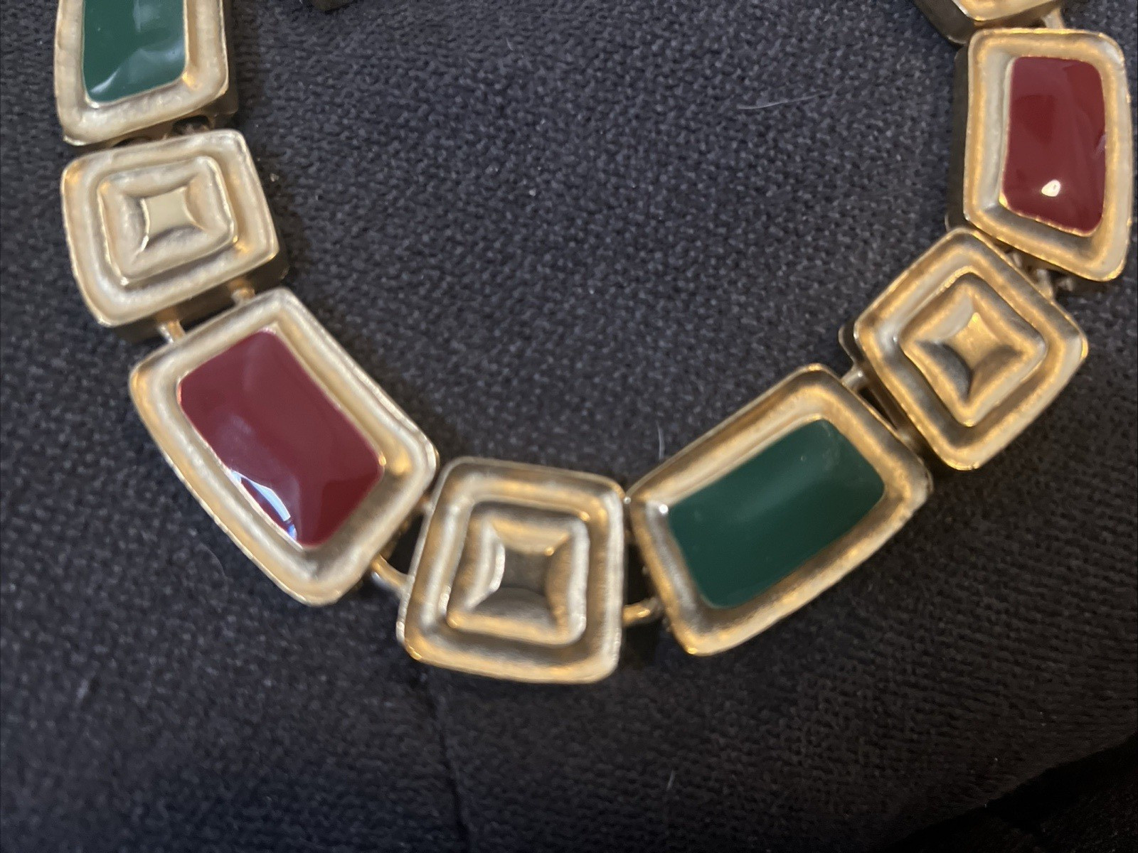 Vintage Green & Red Enamel Panel Chunky Gold Plated Necklace 16 1/2″