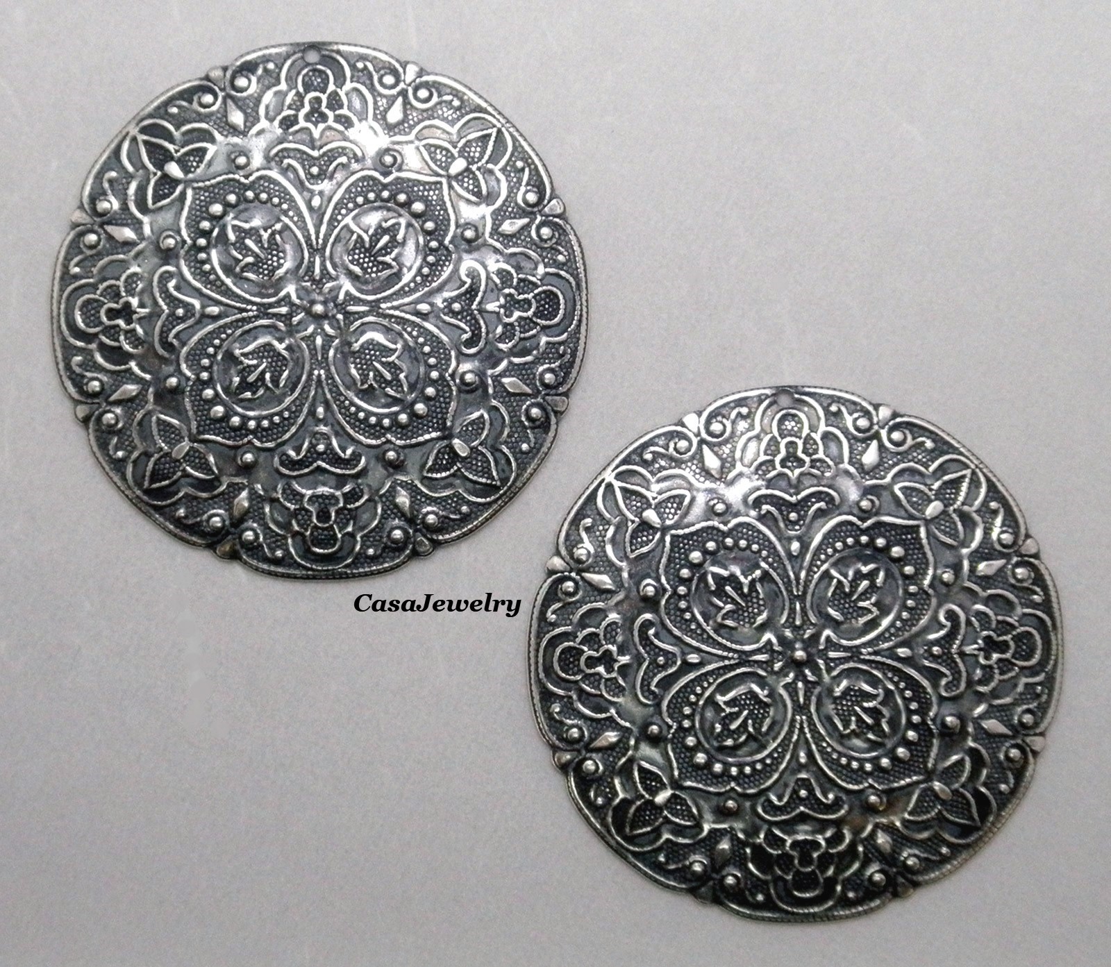 #3020 LARGE ANTIQUED STERLING SILVER PLATED FILIGREE W/TOP HANG HOLE – 2 Pc Lot