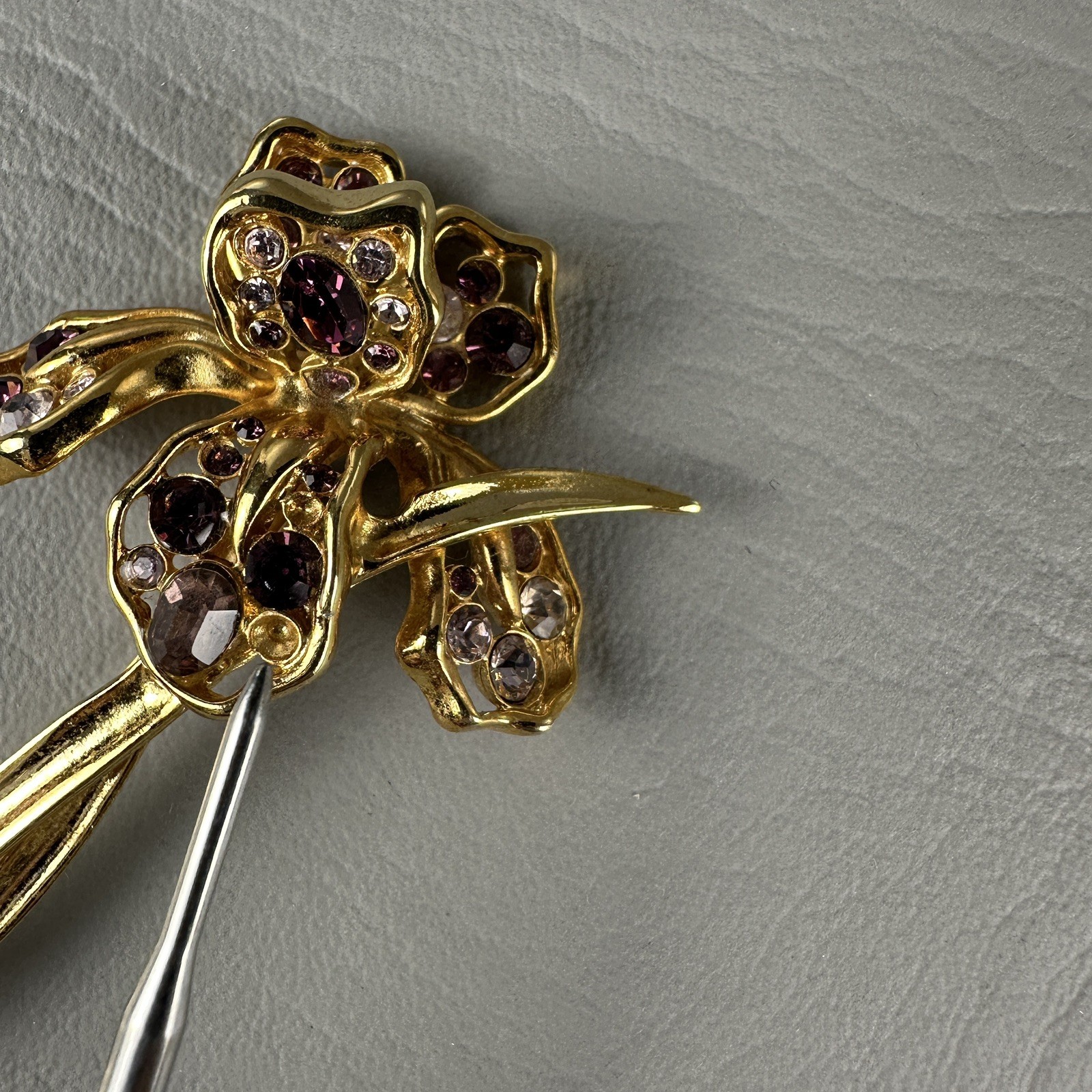 Vintage Flower Brooch Gold Tone Orchid Iris Purple Rhinestones 3.25″