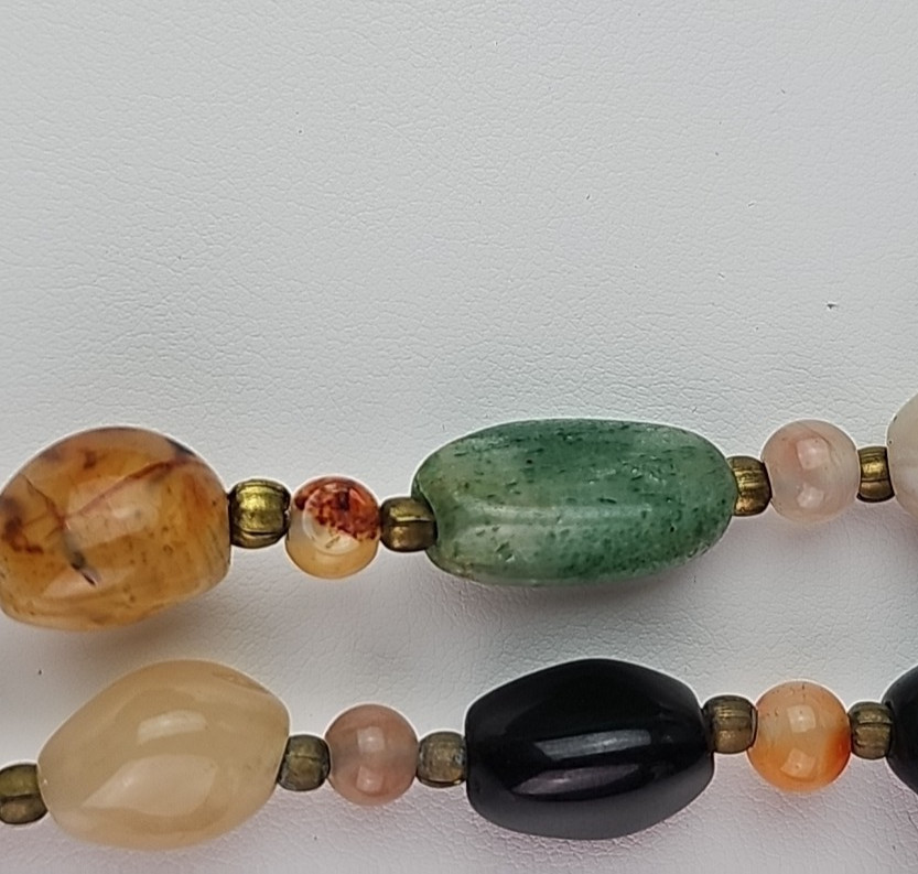 Vintage Beggars Bead Necklace Polished Stone Fall Colors Opera Length 36 Inch