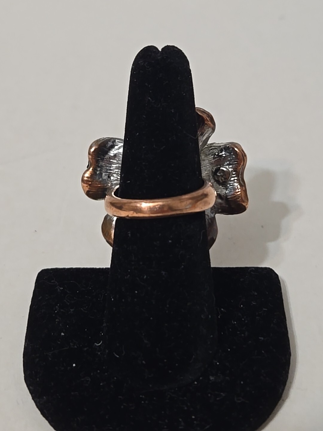 RA Robert Allison Black Enamel Faux Pearl Rhinestone Copper Pewter Ring