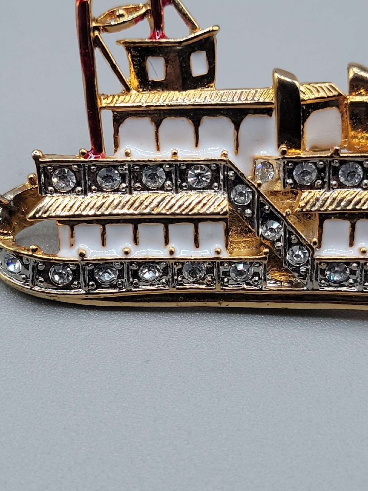 Vintage L-S Louis Stern Steamboat Brooch Pin Rhinestone Studded Gold Tone Estate