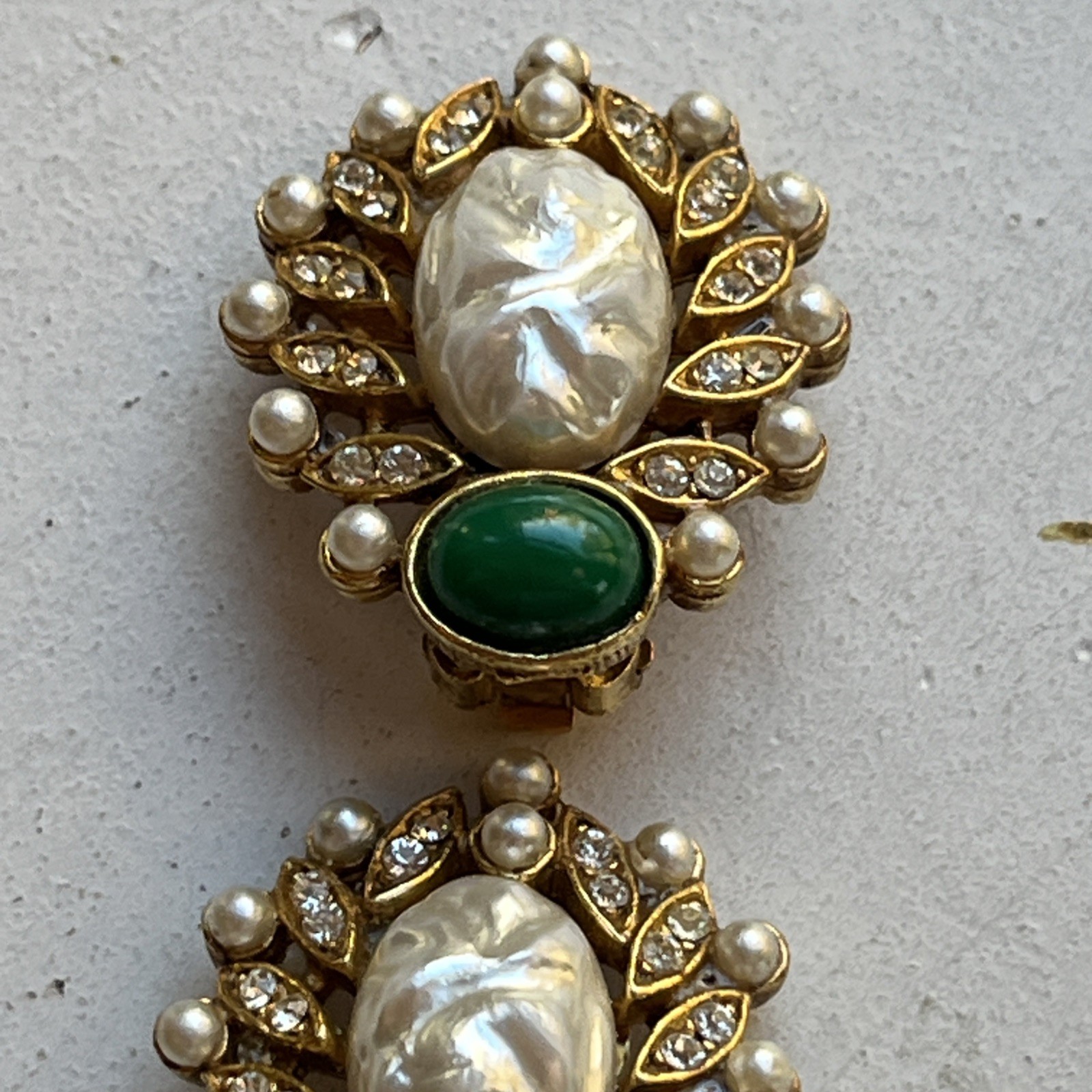 Vintage Faux Mabe & Many Pearls Green Glass Gripoix Cabochon Clip On Earrings