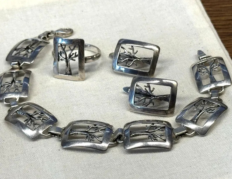 Vintage set tree of life 925 sterling silver bracelet earrings ring