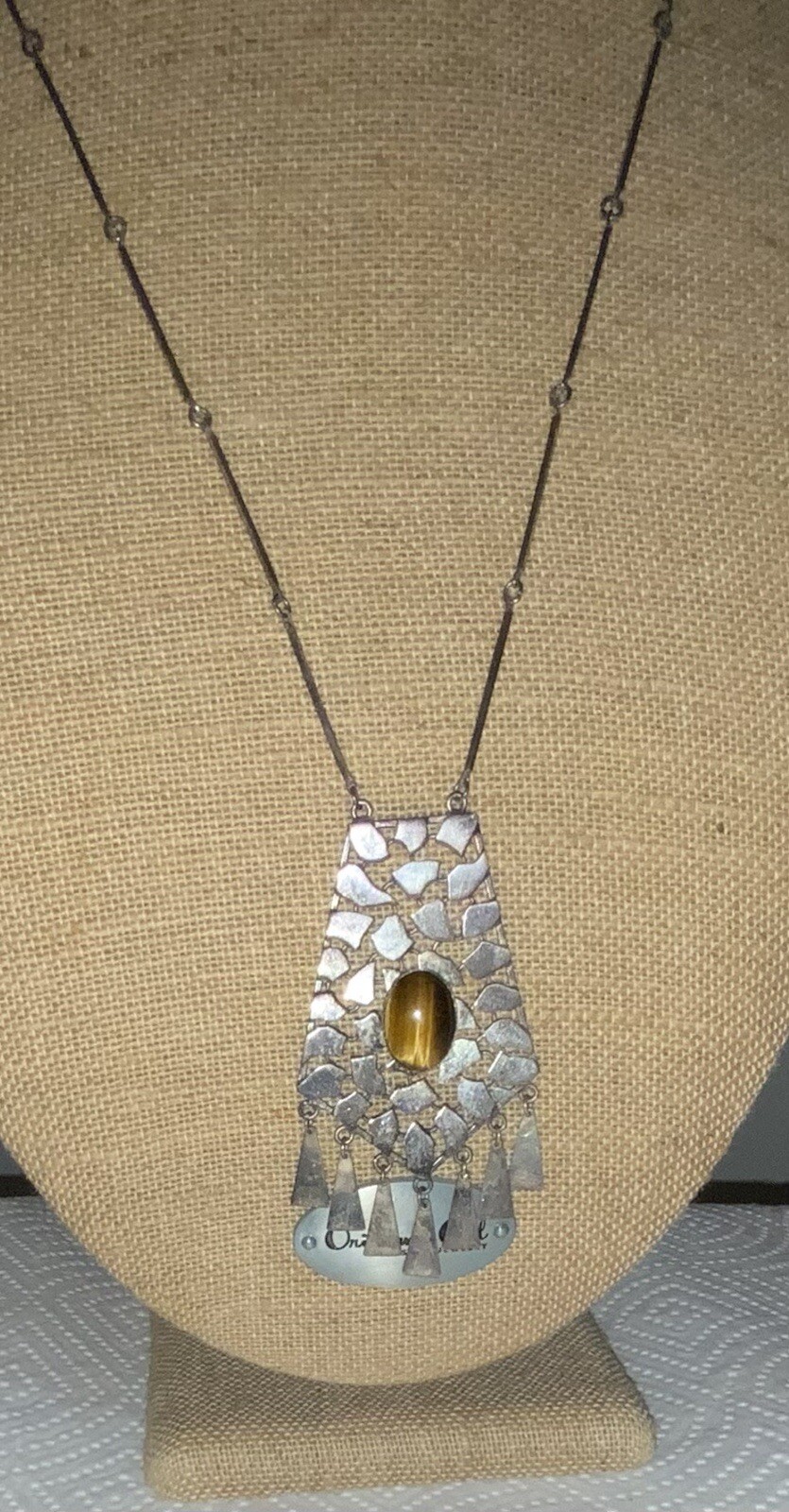 Vintage Silver Plate Metal Tiger Eye Stone/Gem Dangle Necklace, Israel