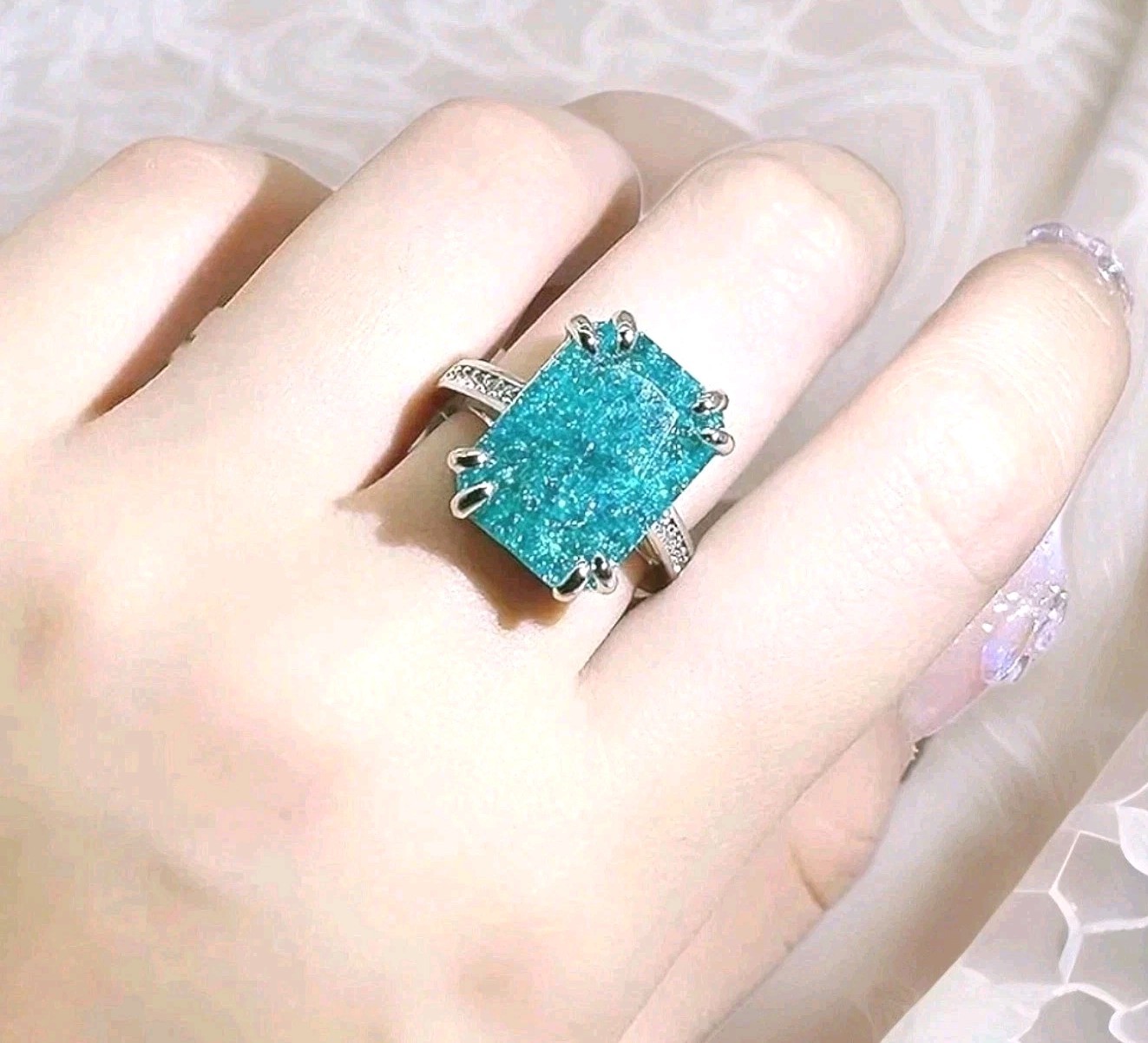 Shiny 10 CT Emerald Cut Lab-Created Paraiba Tourmaline Ring 925 Sterling Silver