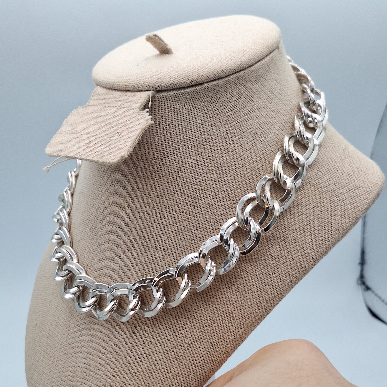 Crown Trifari Metal Double Link Chain Necklace Silver Tone 18″