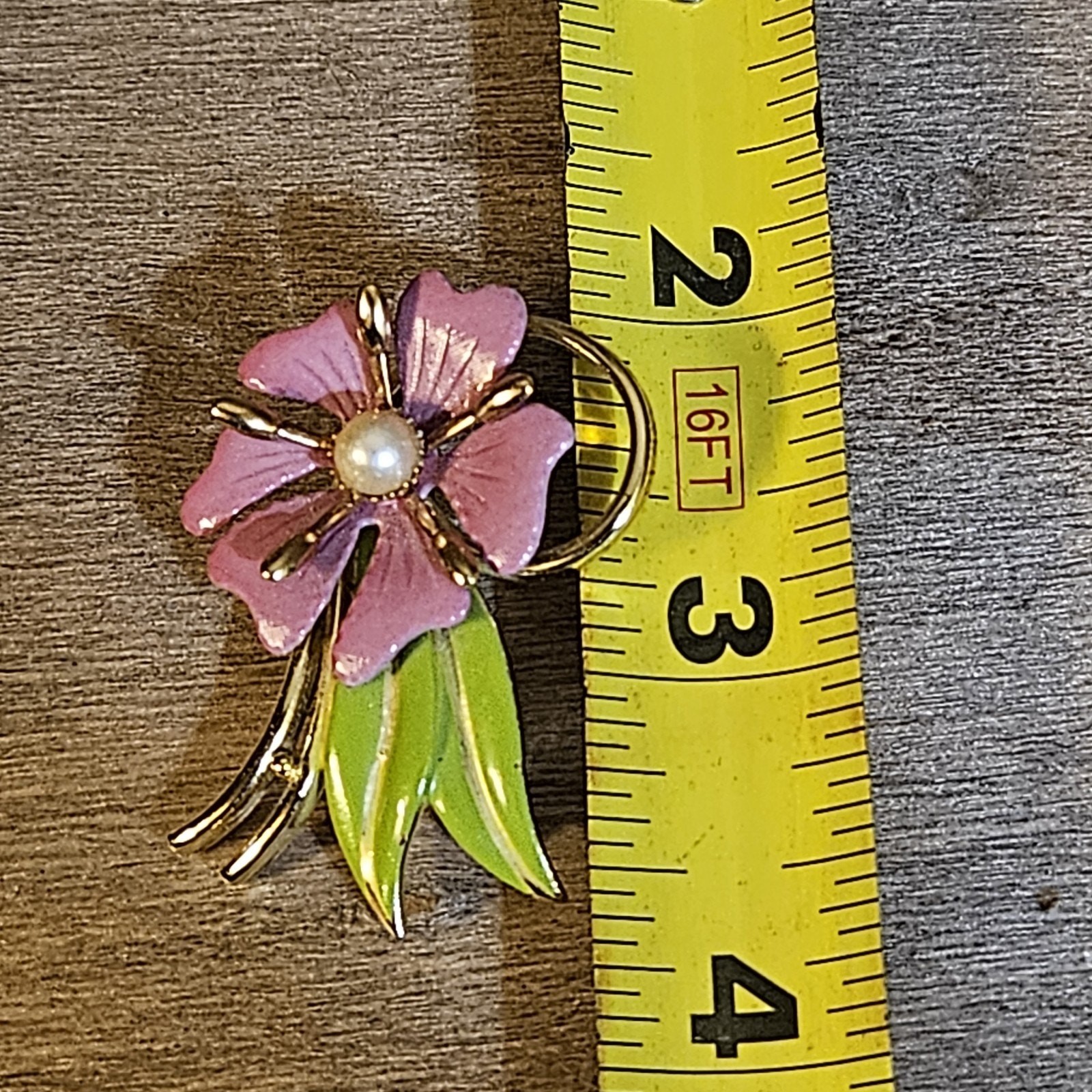 Retro Pink and Green Flower Brooch, Pearl, Enameled