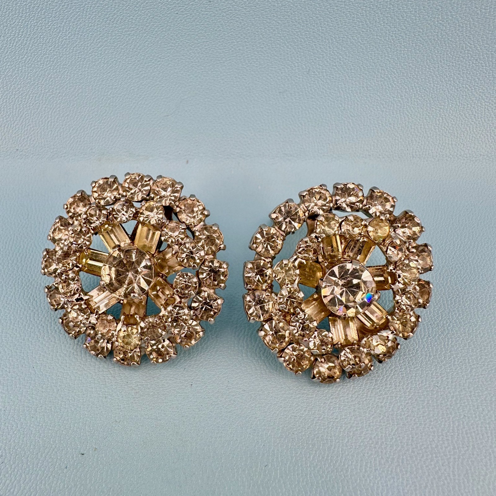 Vintage Rhinestone Earrings Silver Tone Round Cluster Baguette Prong Set Clip On