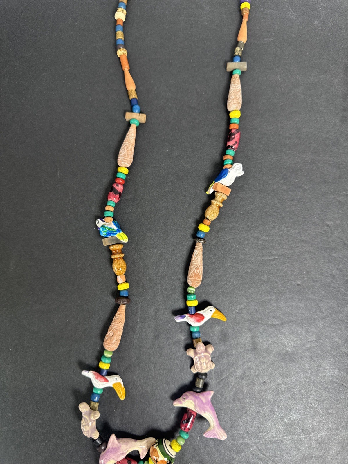 Vintage Fetish Tropical Parrots, Dolphins, Turtles Necklace Boho Unique