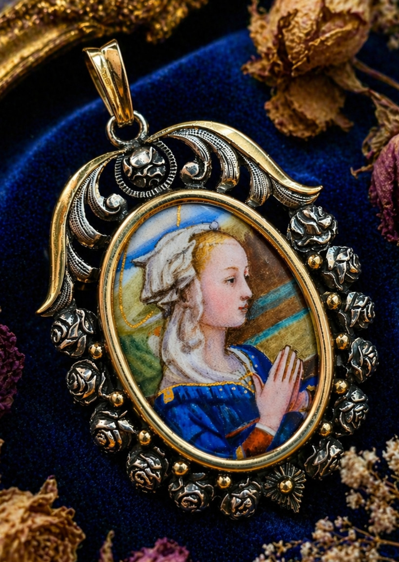 Antique Art Nouveau Silver & 18K Gold Enamel Virgin Pendant Hand Painted Medal