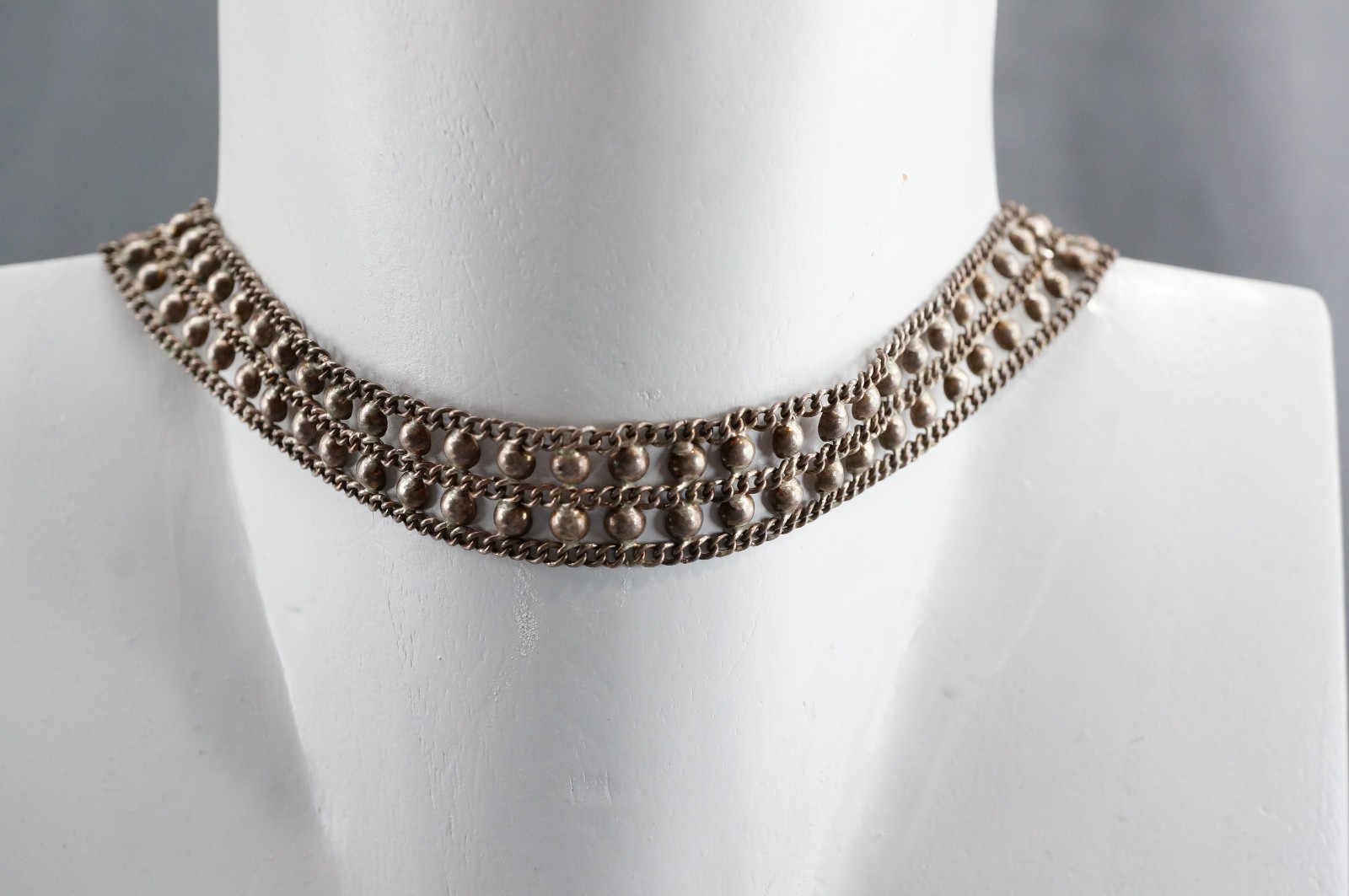 Vtg Ethnic 925 Sterling Sterling Mesh Collar Wide Chain Choker Necklace 22.2g