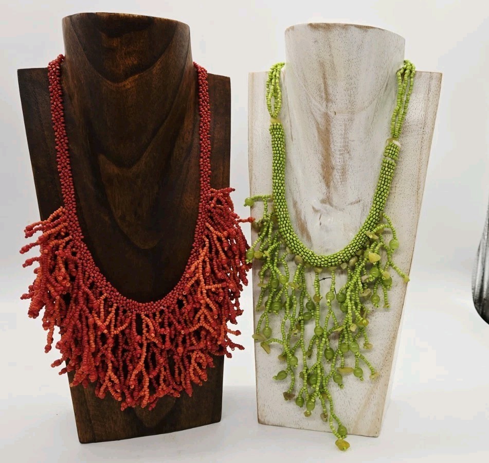 Vintage Beaded Fringe Bib Necklace Seed Beads Lot of 2 Statement Green Coral