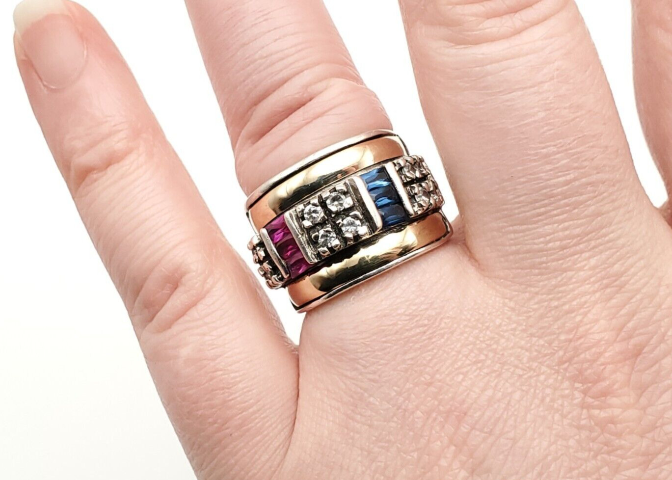 Vintage Sterling Gold Inlay Multi Gemstone Ruby Sapphire Wide Ring Band Sz 5.25