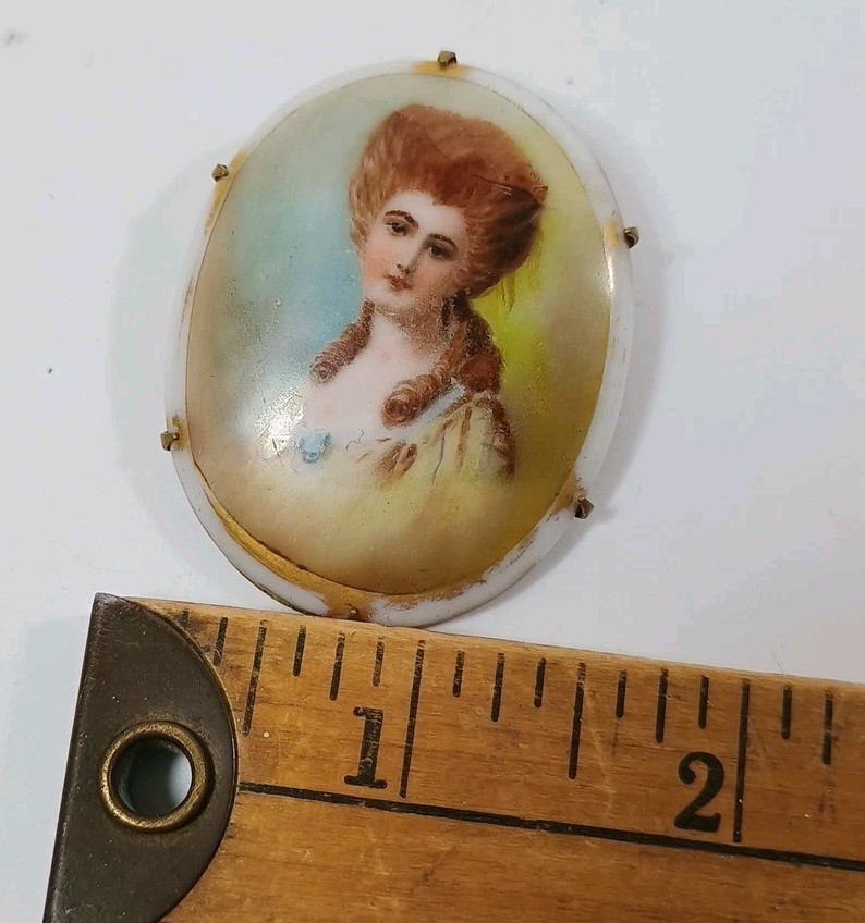 Antique Victorian Hand Painted Portrait Brooch Porcelain Brass C Clasp 2″