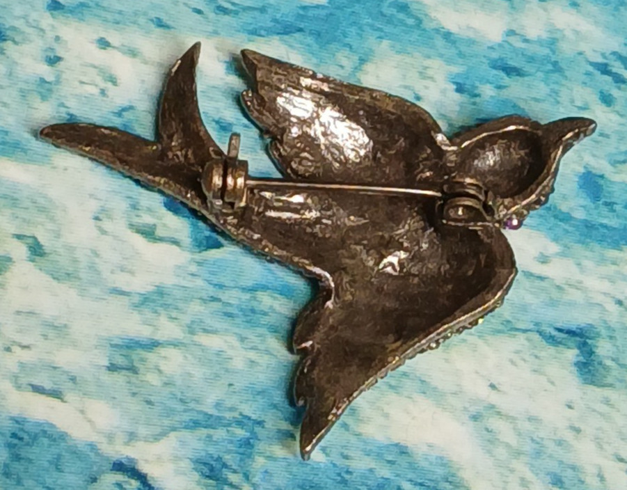 Vintage Silver Tone Sparrow Brooch Adorned w/Green Purple and Blue Rhinestones