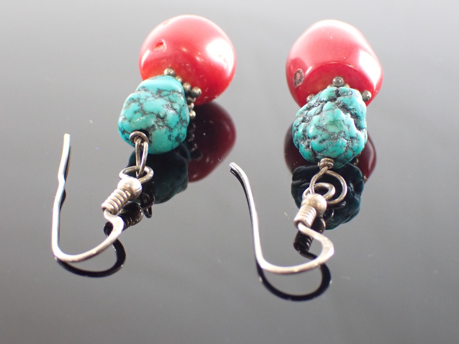 Vintage Sterling Drop Earrings Red Bead & Turquoise Matrix Stones Artisan