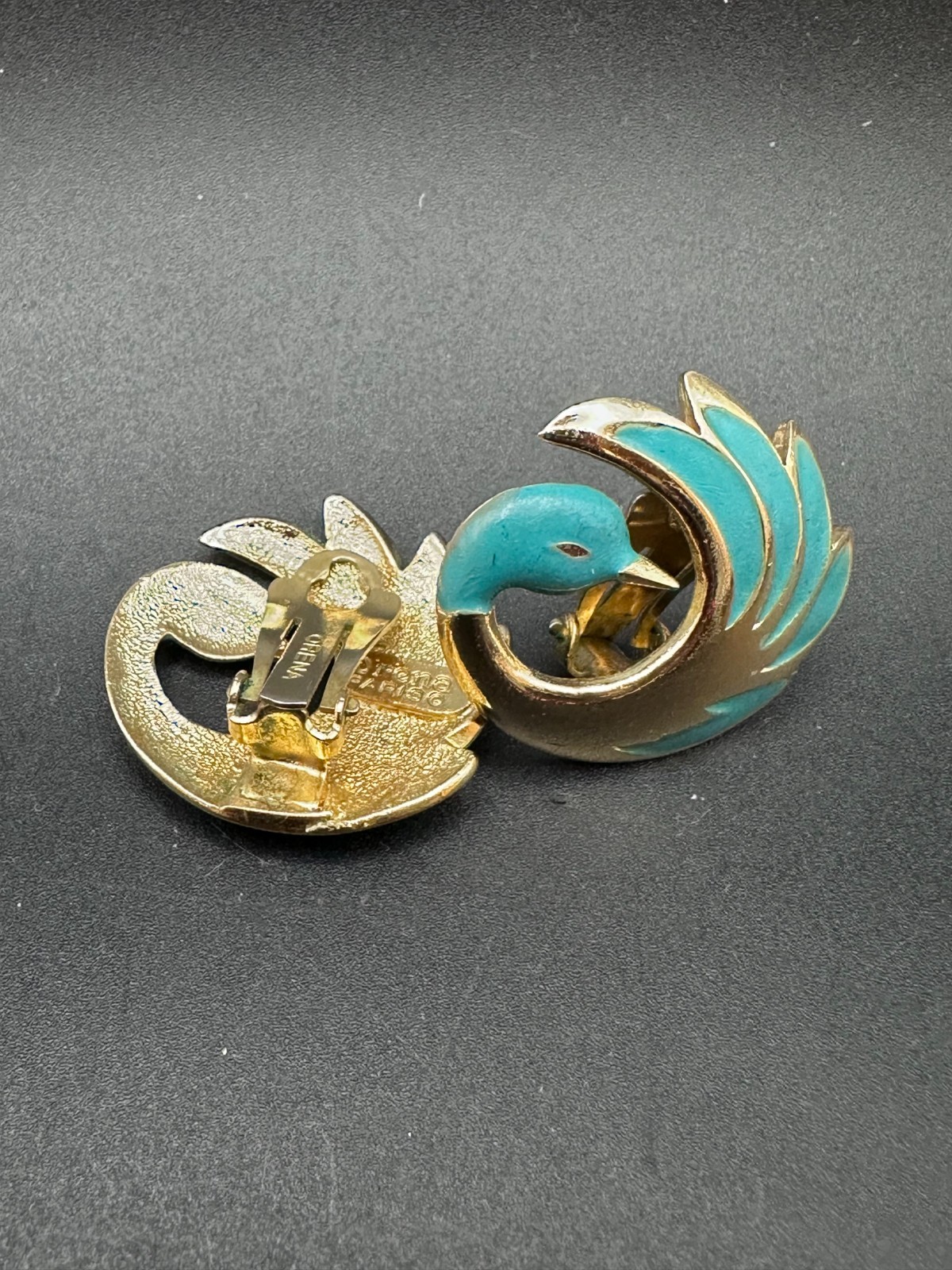 Vintage Orene Paris Gold‑Tone Enamel Bird Clip‑On Earrings • Turquoise Blue