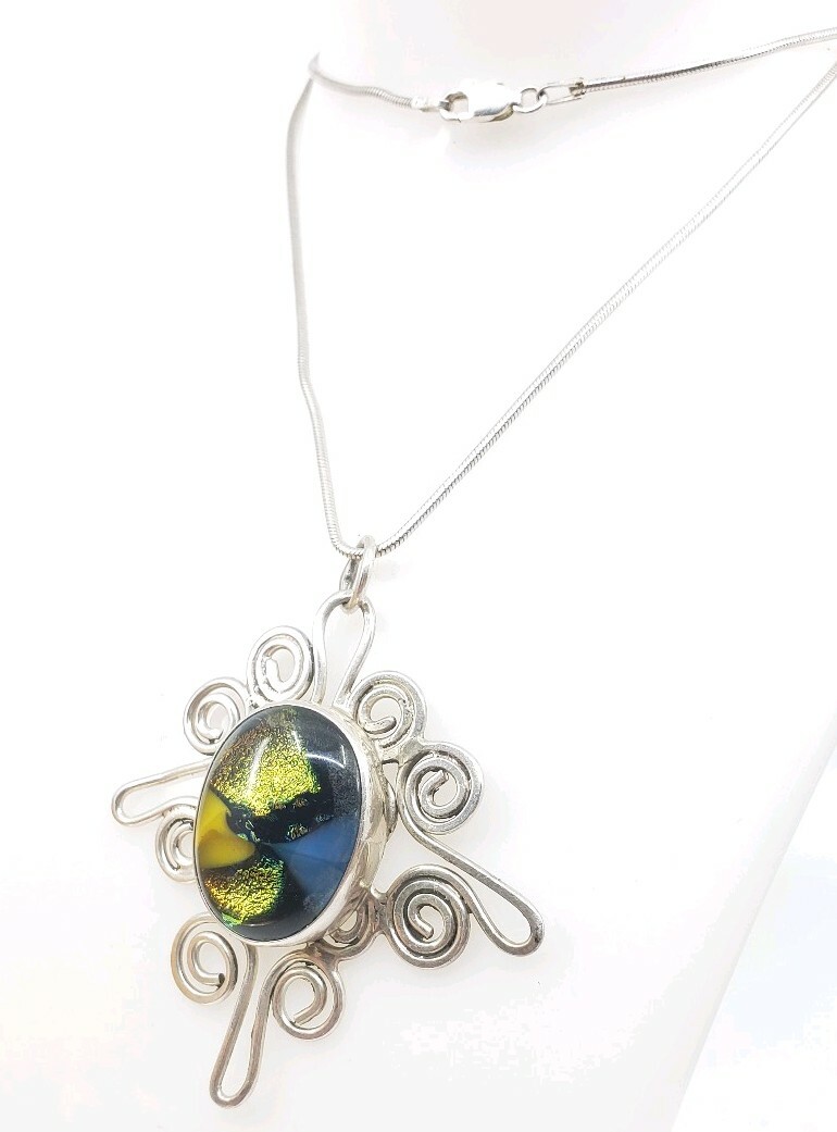 Fine Vintage Sterling Silver Foil Art Glass Abstract Modernist Necklace Murano?