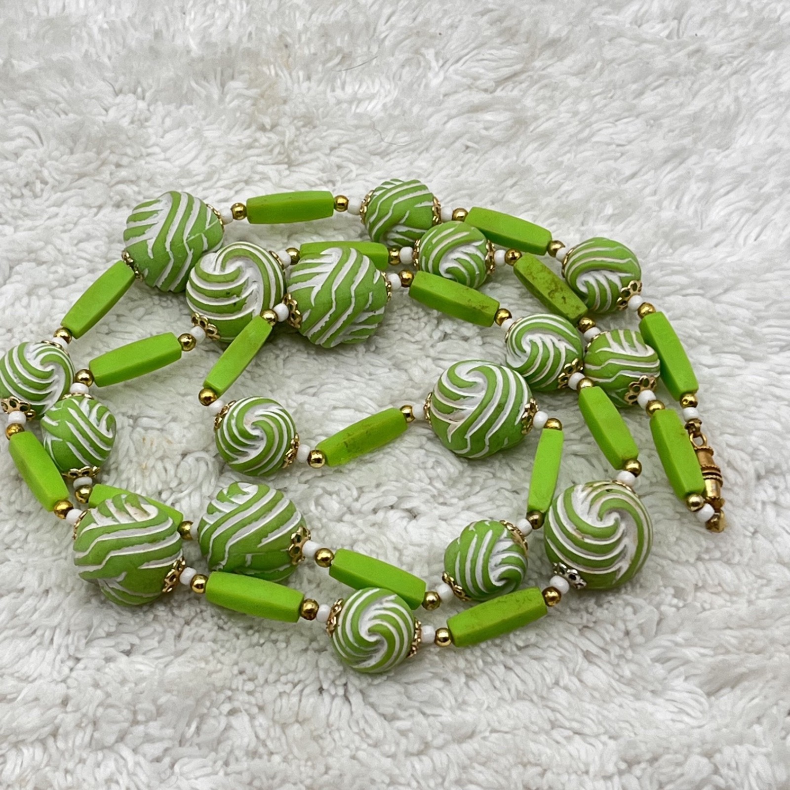 Vintage Green Plastic Necklace Carved Lime Green Beads