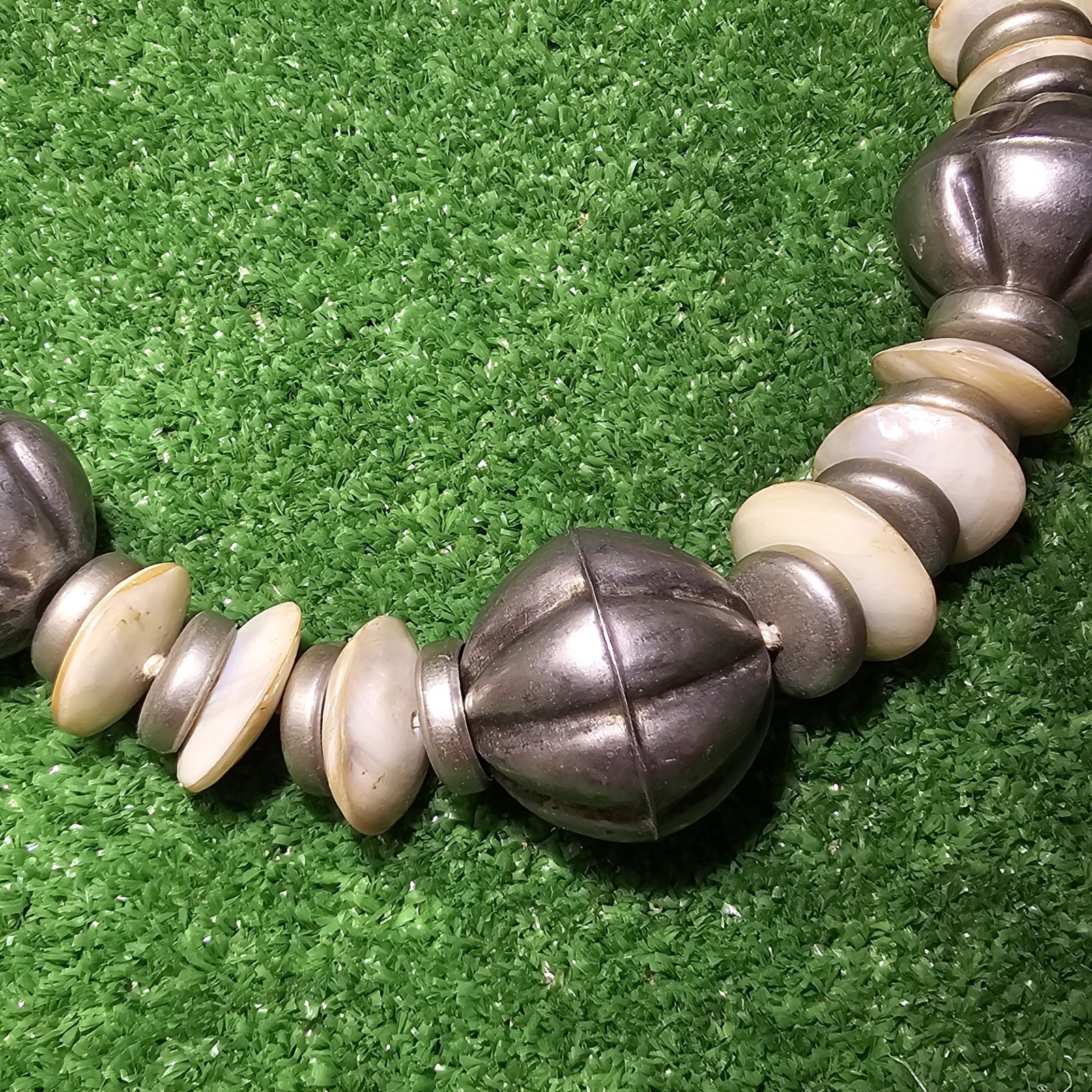 Tribal Ethnic Statement Necklace Pewter & Seashells 27″ Hook & Clasp
