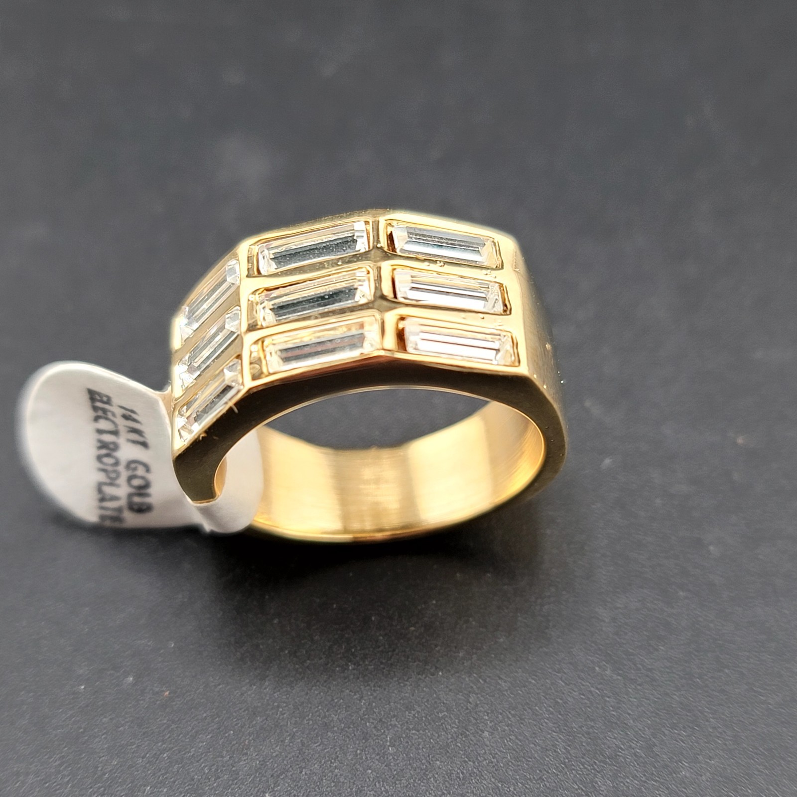 Vtg Sz 5 Ring Band Unsigned ESPO Rhinestones Baguettes 14KTGE Fashion Jewelry