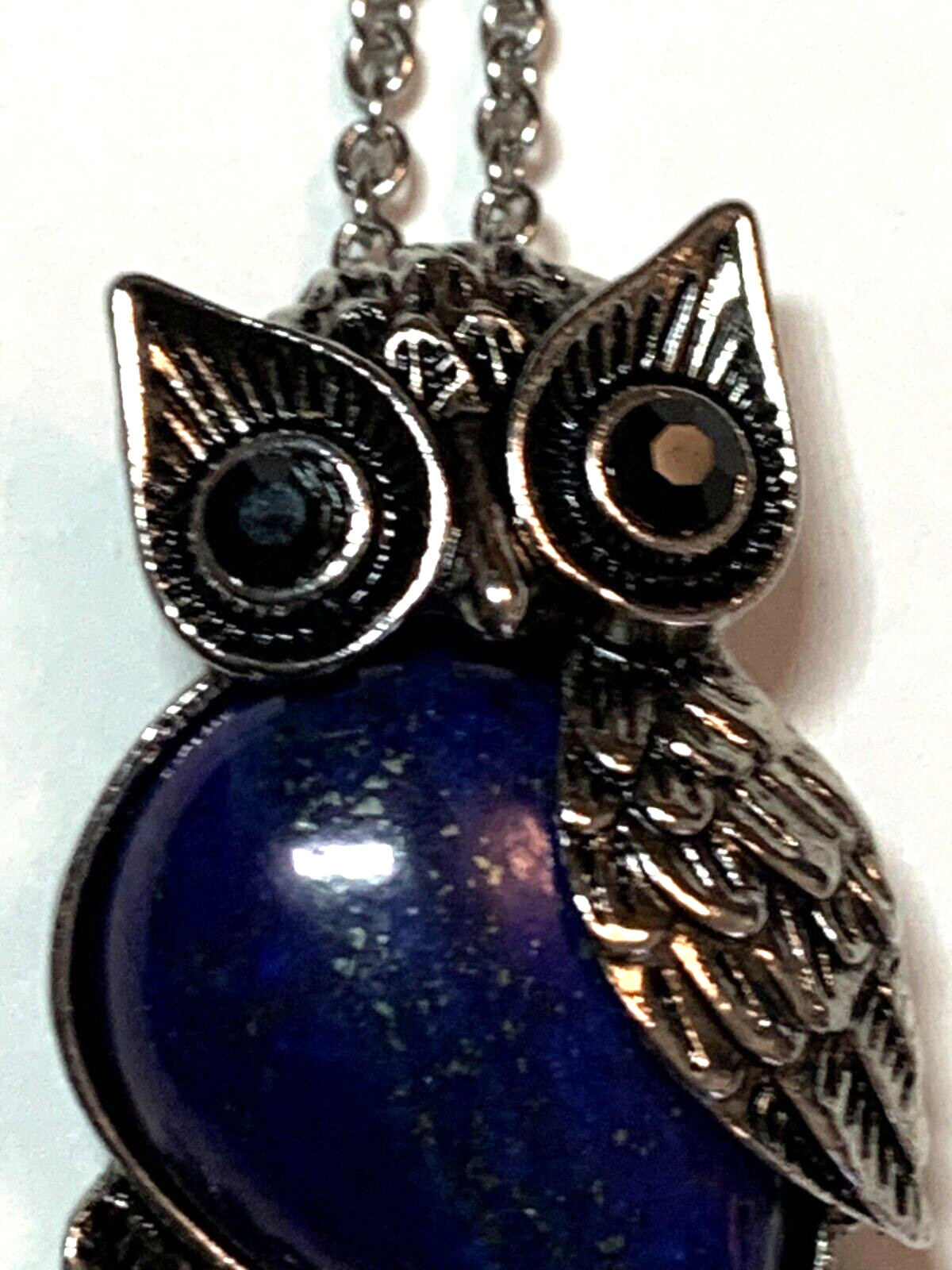 Lapis Lazuli Owl Pendant Glass Rhinestone Eyes Stainless Steel Chain Necklace
