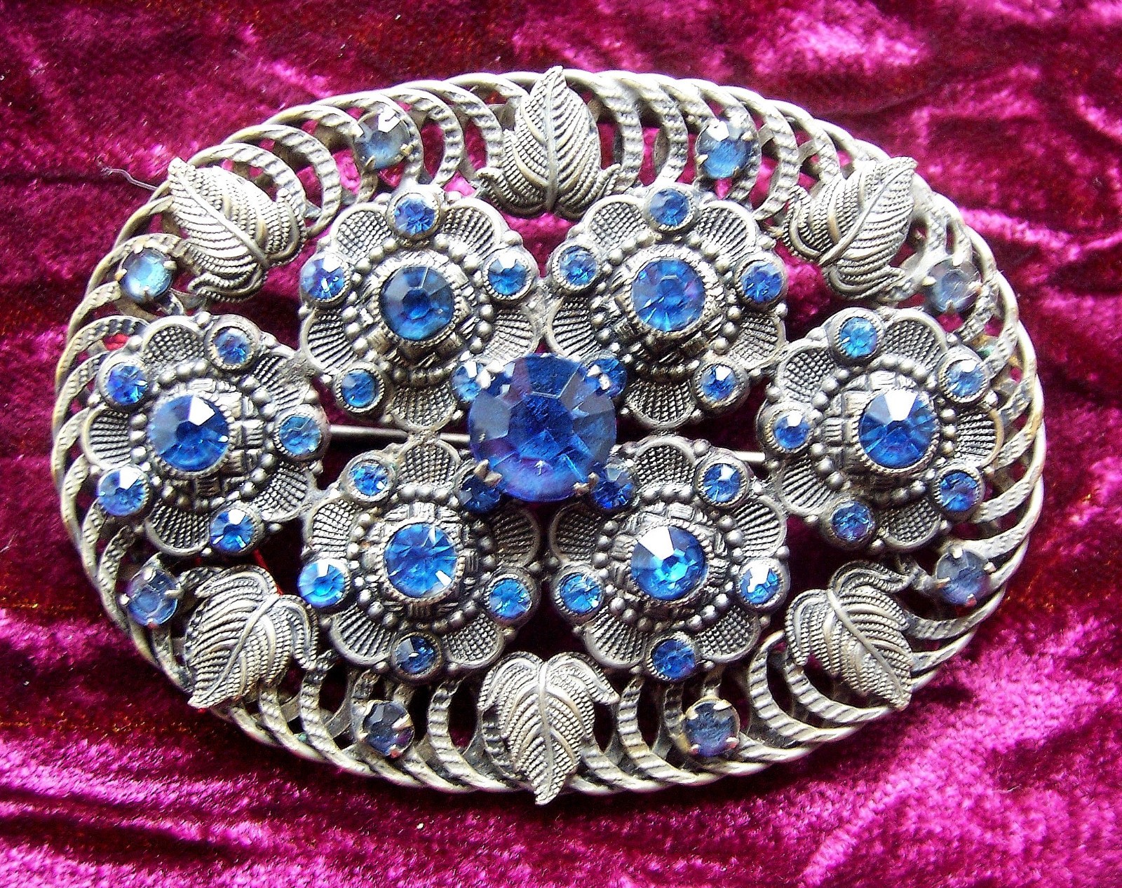 Art Deco Czech oval brooch with art glass blue stones 1930s (AAG)